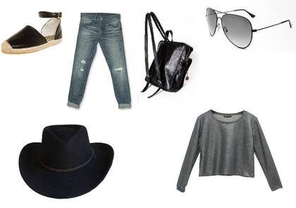 Zapatos (Foglia, $690) Sombrero (Compañía de sombreros, $660) Anteojos( Mormaii, Interòptica) Jean (Levi´s, $1990) Remera (Love This, $260) Mochila (Fernanda Bevilacqua)