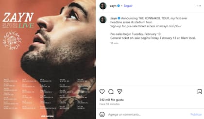 Zayn confirmó su regreso a Argentina de la mano de su gira mundial titulada The Konnakol Tour