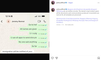 Zhou mostró los mensajes en su cuenta de Instagram