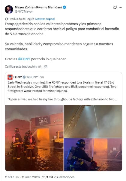 Zohran Mamdani agradeció a los bomberos de Nueva York por atender el incendio de este miércoles a la madrugada en Brooklyn
