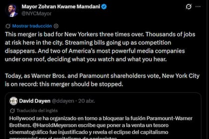 Zohran Mamdani se opuso a la fusión entre Warner y Paramount a través de su cuenta de X