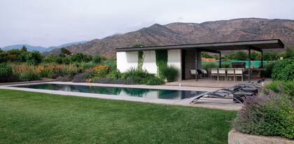 Zona de quincho y piscina. Algunas ampelopsis adosadas a los muros enverdecen la arquitectura.