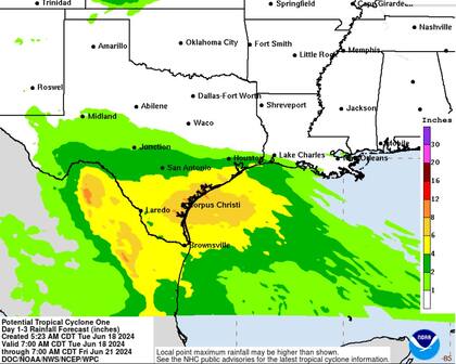 Zonas con mayor precipitación acumulada total en Texas y noreste de México en los próximos tres días