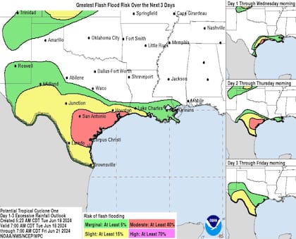 Zonas con mayor riesgo de inundación en Texas en los próximos tres días