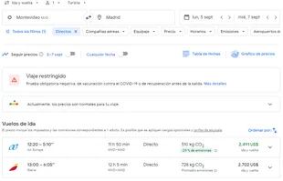 Los precios de vuelos de Montevideo a Madrid (Foto: Captura Google Flight)