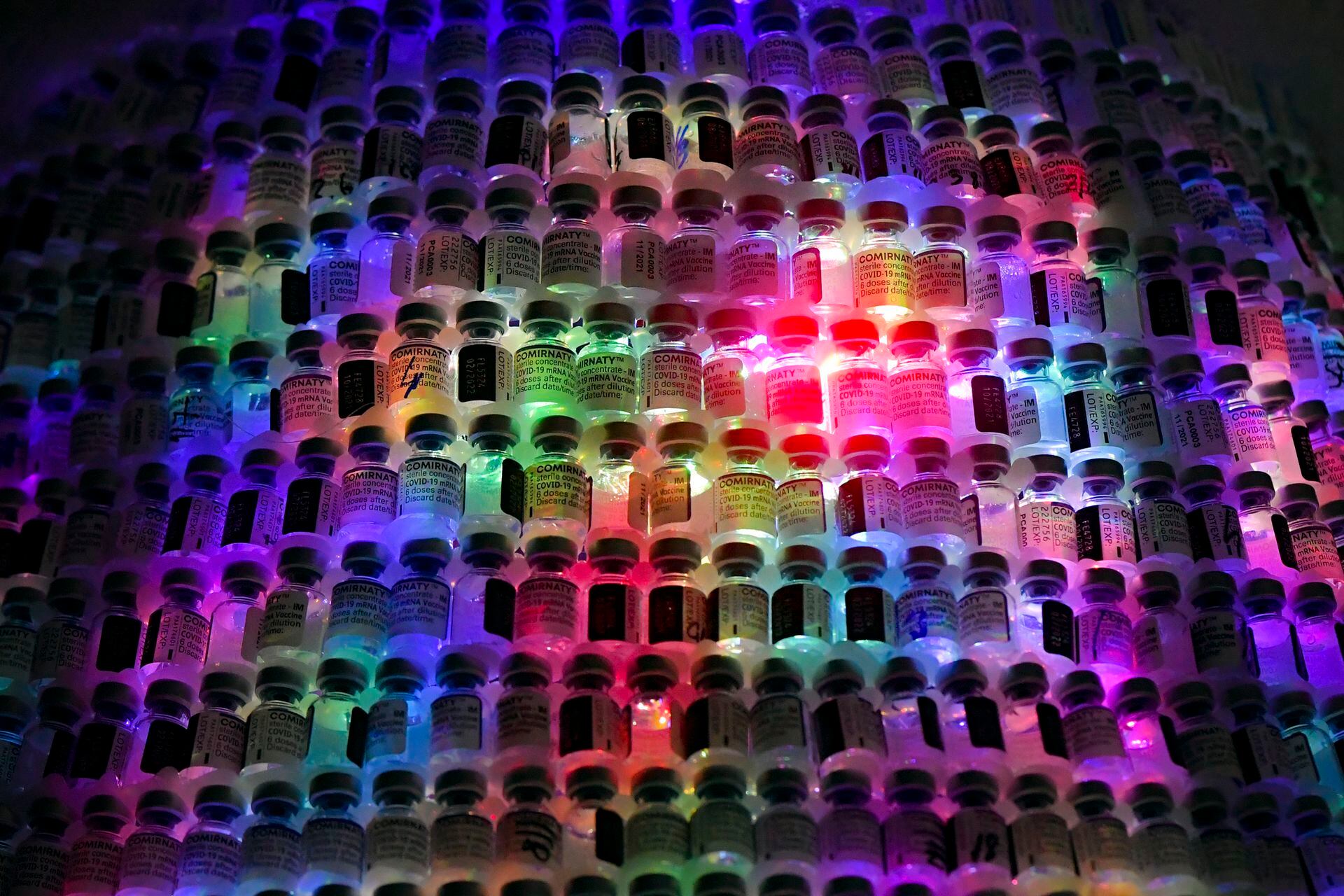 Los LED colocados dentro de los contenedores de vacunas COVID-19 brillan junto a un árbol de Navidad