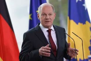 German Chancellor Olaf Scholz during a press conference at the Chancellery in Berlin, Germany on November 3, 2022.  (AP Photo/Michael Danducci