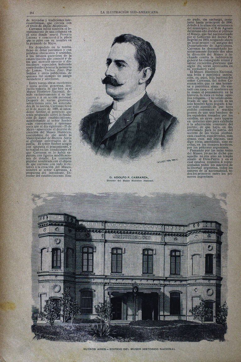Adolfo P. Carranza y la sede del Botánico del MHN en La Ilustración Sudamericana, del 16 de abril de 1894.