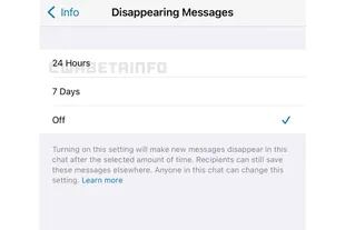 Así luce el ajuste de 24 horas disponible en la función mensajes temporales de WhatsApp