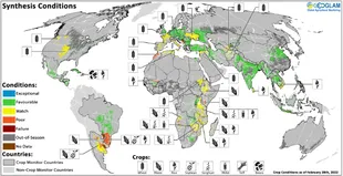 Condiciones de cultivos basadas en modelos satelitales a fines de febrero. Fuente : GEOGLAM - https://cropmonitor.org/