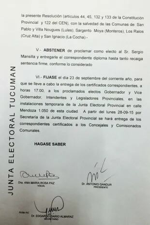 La Junta Electoral tucumana estableció para mañana la entrega de diplomas y certificados a los ganadores