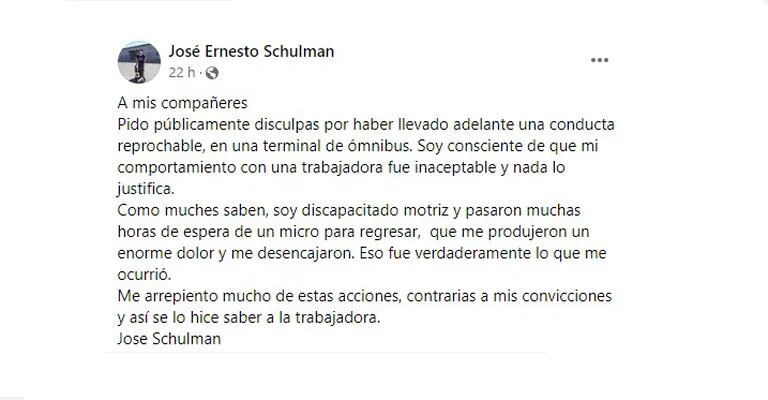 El comunicado que publicó José Schulman en su Facebook