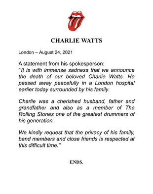 El comunicado por el fallecimiento de Charlie Watts