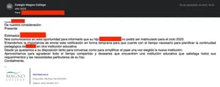 Captura del mail que el Colegio Magno les envió a las familias de los estudiantes a los que negaron la rematriculación