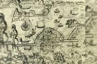 Este mapa representa la Ciudad de México anegada de agua tras la inundación de 1629