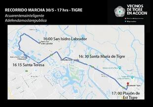 El mapa de la zona que abarcará la protesta anticuarentena en Tigre