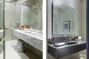En el baño de la derecha, espejo con marco de cristales cóncavos (Georges Home Couture).
