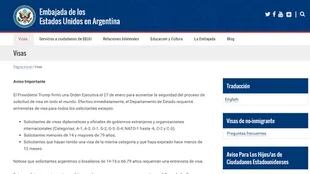 Las nuevas disposiciones, en la web de la embajada estadounidense en la Argentina