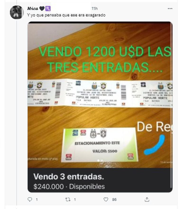 La indignación de los usuarios por los precios de reventa de entradas para el partido Argentina vs. Brasil en San Juan este martes 16 de noviembre (Crédito: Captura Twitter)