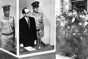 Eichmann en la jaula de vidrio, durante el juicio por sus crímenes de guerra, en Jerusalén; y unos 20 años antes (en el centro) haciendo el saludo nazi