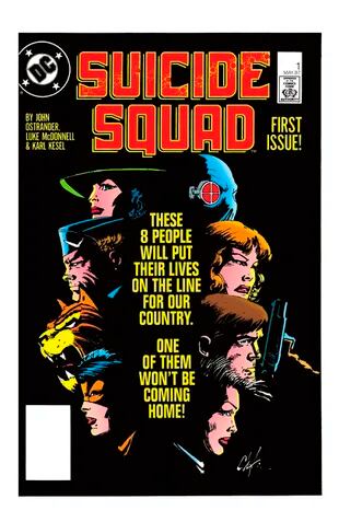 Ilustración de Howard Chaykin para la portada de Suicide Squad N° 1 (mayo de 1987), inicio de la reformulación planteada por el guionista John Ostrander, base del guion de la película de James Gunn