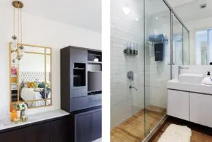 El trío de dispensers dan una pauta de lo práctico de este baño totalmente blanco con mampara que va de pared a pared. Alfombra (Godet House).