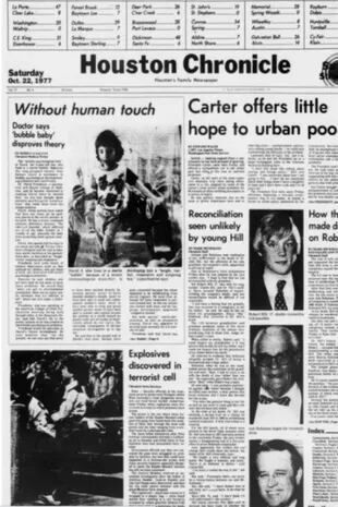 David Vetter en la primera plana del periódico Houston Chronicle, en el mes de octubre de 1977