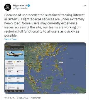 Flightradar24 reportó que su sitio web colapsó debido a que cientos de miles de usuarios siguieron en vivo al SPAR19 (Crédito: Twitter/@@flightradar24)