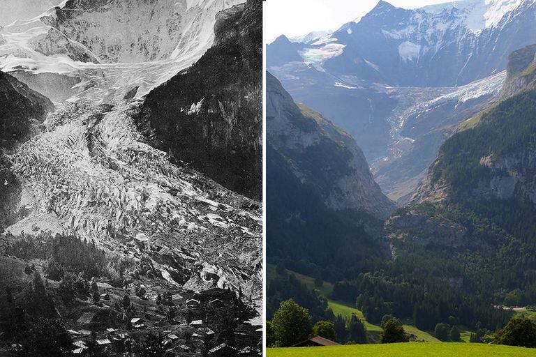 El antes y después de algunas lugares emblemáticos del mundo: en la imagen, el glaciar inferior de Grindelwald, Suiza, en 1865 y luego en 2019
