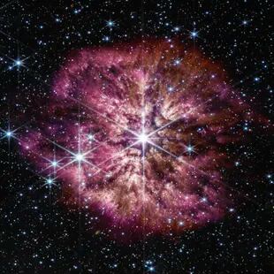 En esta imagen difundida por la NASA se ve a la estrella Wolf-Rayet 124, al centro, en una fotografía captada en junio de 2022 por el Telescopio Espacial James Webb. (NASA, ESA, CSA, STScI, Webb ERO Production Team vía AP)