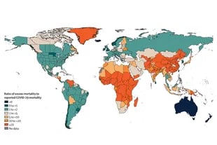 Distribución mundial de la razón entre la tasa de exceso de mortalidad estimada debido a la pandemia de la Covid-19 y la tasa de mortalidad por la Covid-19 notificada, para el período acumulado 2020-21