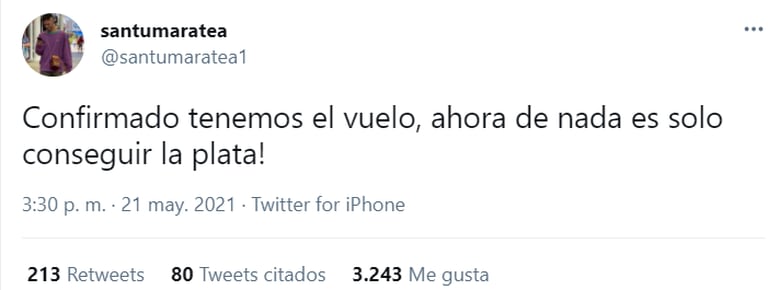 El tuit en el que Santiago Maratea anunció que llegó a un acuerdo con la empresa de viajes