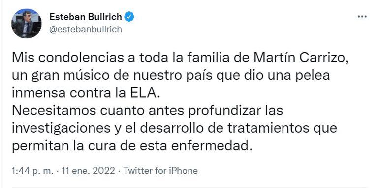 El exsenador Esteban Bullrich le envió sus condolencias a la familia de Martín Carrizo