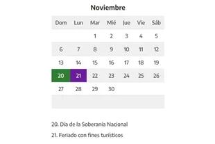El calendario de feriados de noviembre