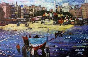 "Otra jornada en las calles", pintura de Daniel Corvino que evoca el clima de 2001
