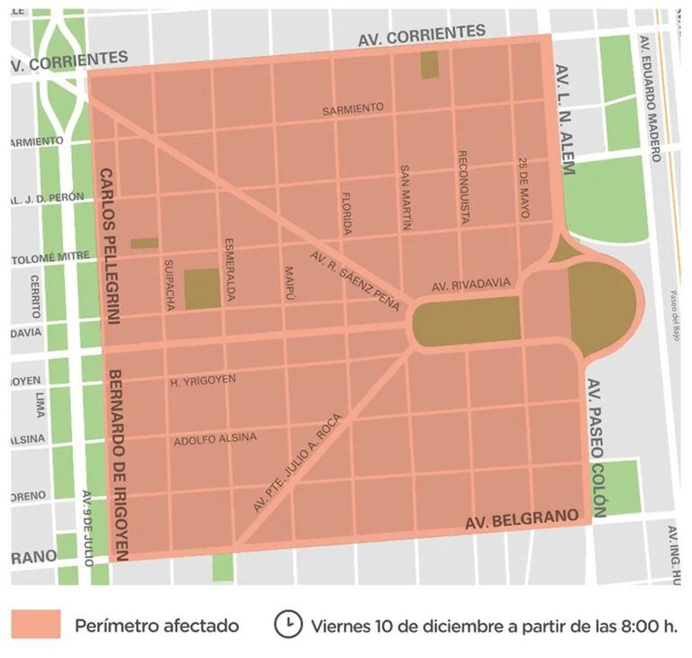 El mapa del perímetro afectado por el acto en Plaza de Mayo del 10 de diciembre