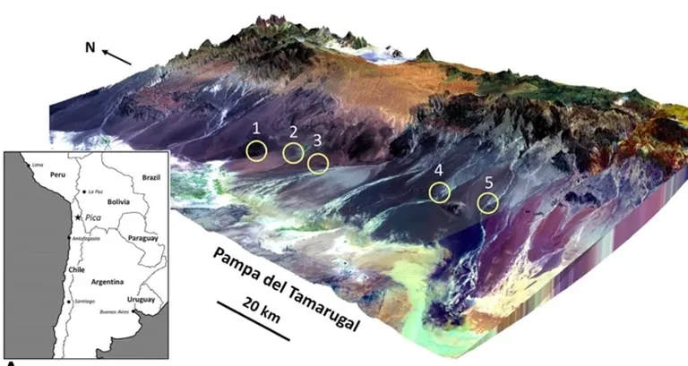 Cinco sitios desérticos con depósitos de vidrio. (Schultz et al., Geología, 2021)