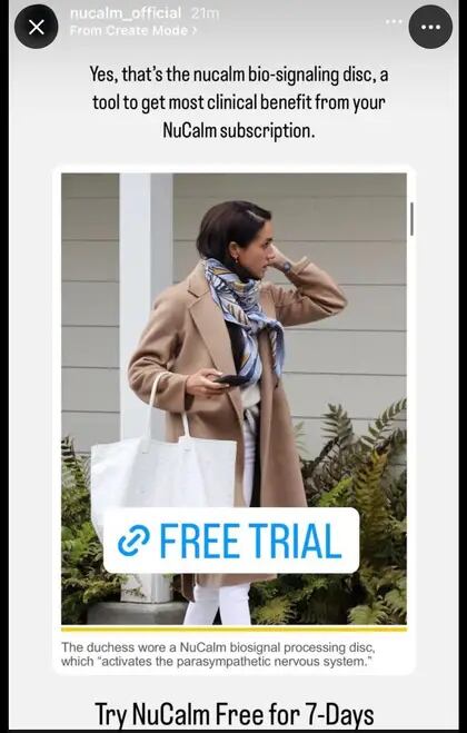 La cuenta de Instagram de NuCalm, la marca que produce el parche antiestrés, replicó la foto de Meghan Markle con el parche en su muñeca. En el mismo posteo, ofrecieron una prueba de "7 días gratis" del producto