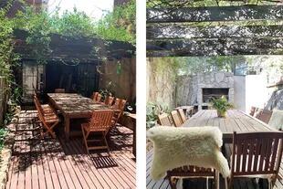 La terraza tiene una mesa de madera al lado de la parrilla para disfrutar de comidas al aire libre.