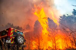 Fotografía facilitada por la brigada antiincendios SDIS 33 muestra las llamas consumiendo árboles cerca de Landiras, en el suroeste de Francia, el sábado 16 de julio de 2022.