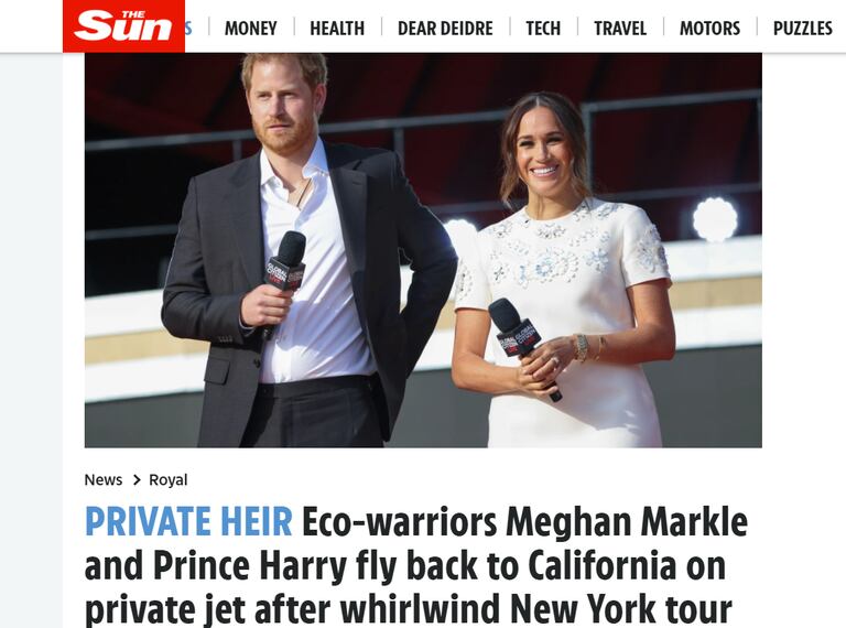 El príncipe Harry y Meghan Markle fueron criticados en los medios británicos por usar un jet privado y contradecir sus discursos sobre el cambio climático; The Sun los tildó irónicamente de guerreros ecológicos al publicar la noticia