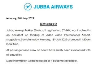 El comunicado oficial de Jubba Airways
Foto: @JubbaAirways