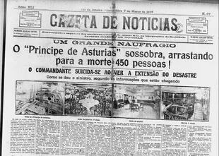 Portada del diario brasileño 'Gazeta de noticias' del 7 de marzo de 1916, en la que se puede leer el titular: "El 'Príncipe de Asturias' se hunde y arrastra a la muerte a 450 personas".
BIBLIOTECA NACIONAL
