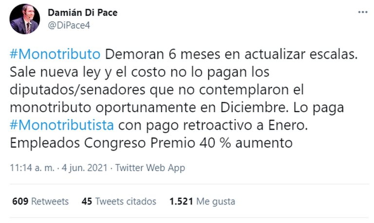 La crítica de Damian Di Pace a la recategorización del monotributo. Fuente: Twitter.