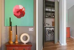 El lavarropas (Longvie) se acomodó en el pasillo de acceso al cuarto, en un mueble hecho con melamina ‘Safari’ (Faplac). 