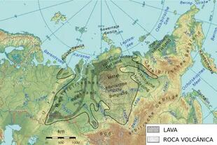 Toda la región de lo que ahora es Siberia, fue cubierta por siete millones de kilómetros cuadrados de lava, de los que aún se conservan en la actualidad dos millones de kilómetros cuadrados en forma de basaltos, rocas ígneas extrusivas de color oscuro