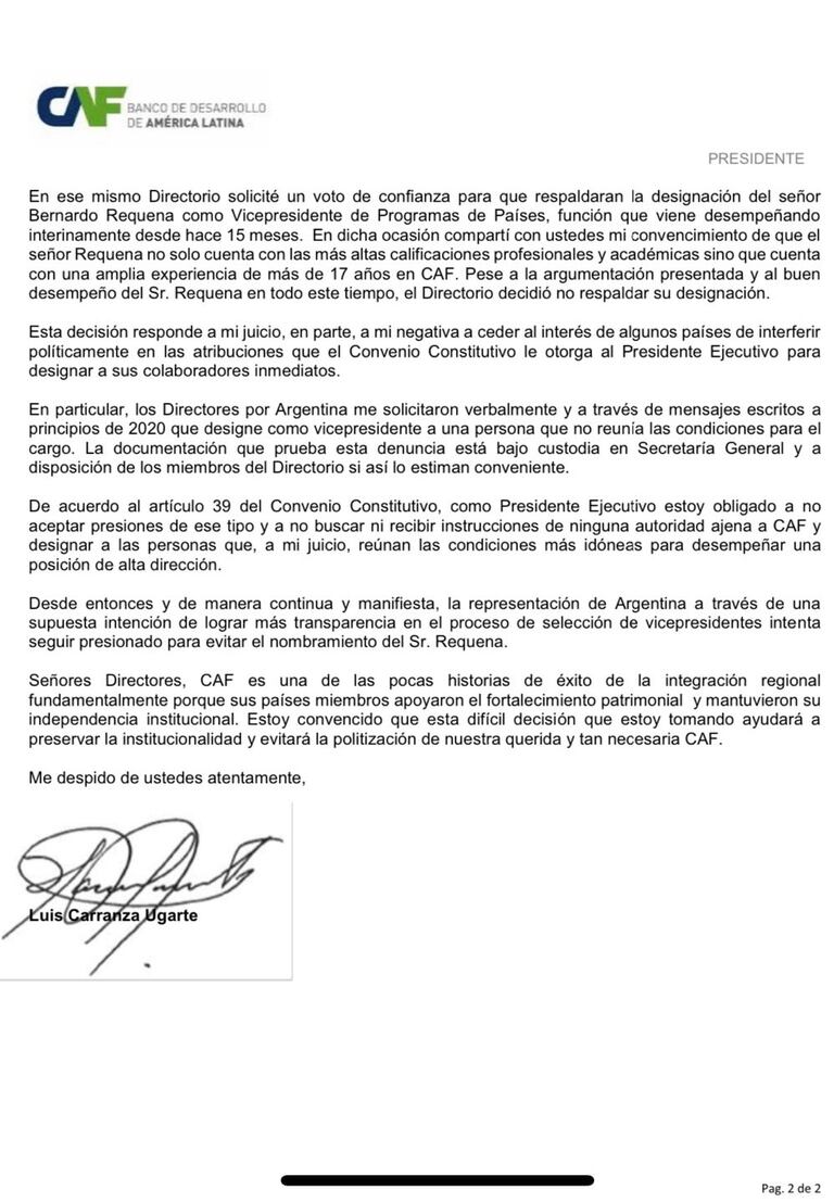 Carta enviada por el presidente de la CAF, Luis Carranza, al directorio de la entidad, con motivo de su renuncia